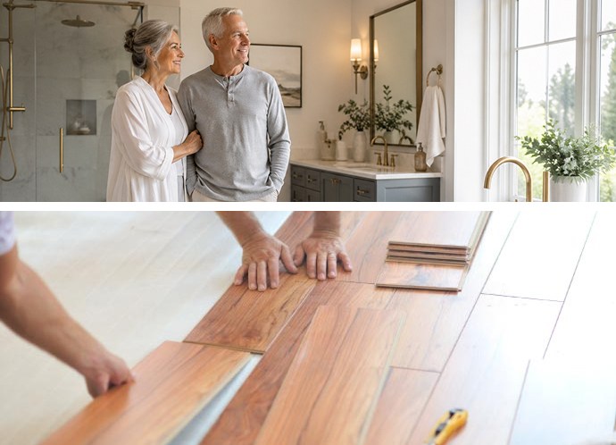 Collage of couples and floor renovation