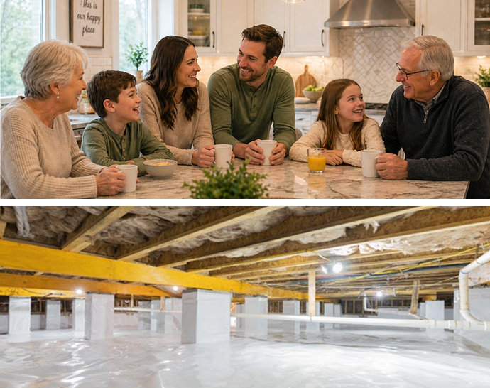 Collage of happy family and crawl space