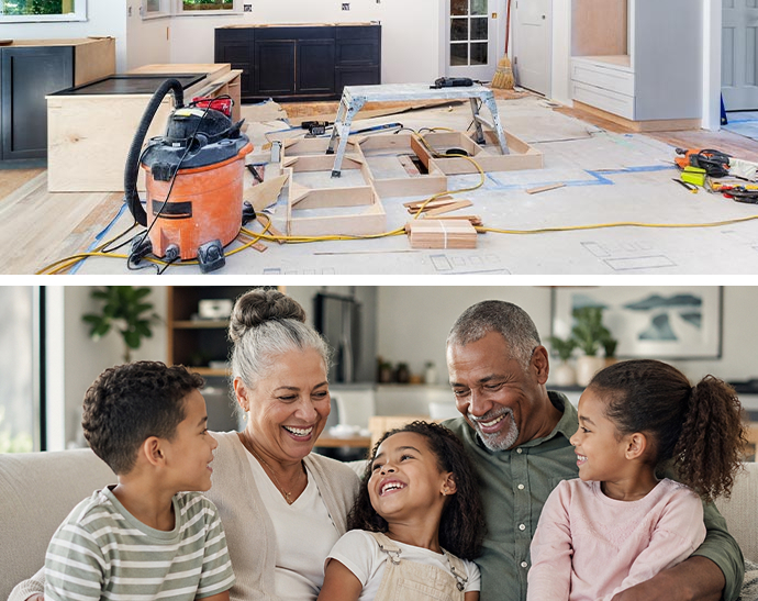 Collage of home renovation and family in living space