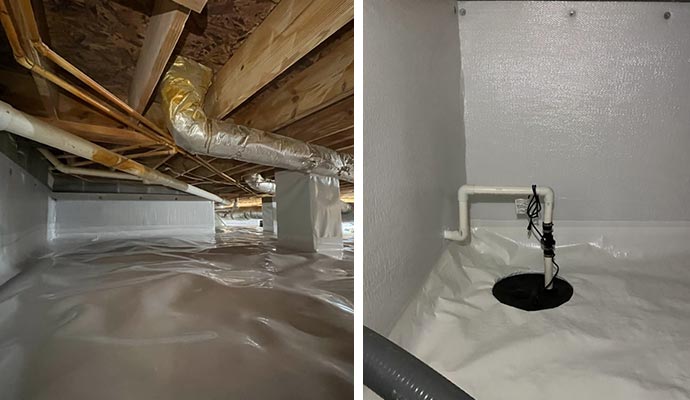 Collage of encapsulated and waterproofed crawl-space