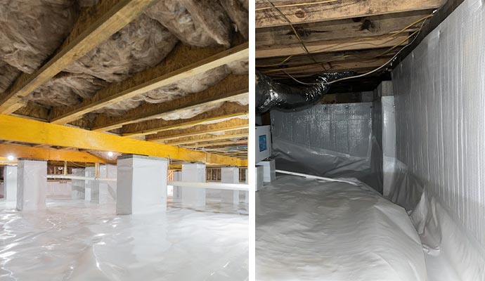 Collage of fiberglass and spray foam insulated crawl space  
