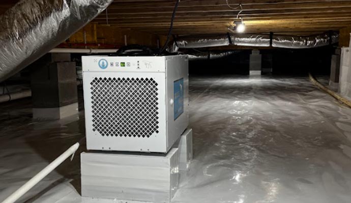 Installed dehumidifier system in crawl-space