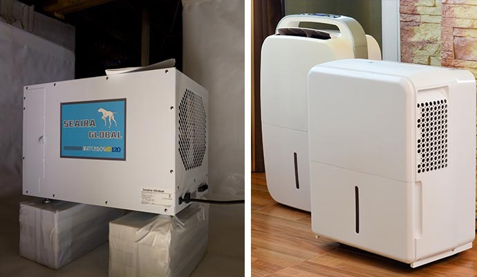 Collage of whole house and portable dehumidifier system