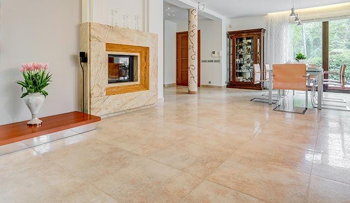 Modern Living Room with Marble Fireplace and Tiled Floor