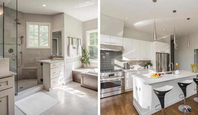 Collage of remodeled bathroom and kitchen