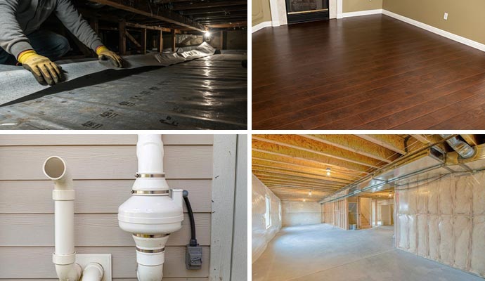 Collage of crawl space repair, renovated floor, installed radon ventilation and insulated area