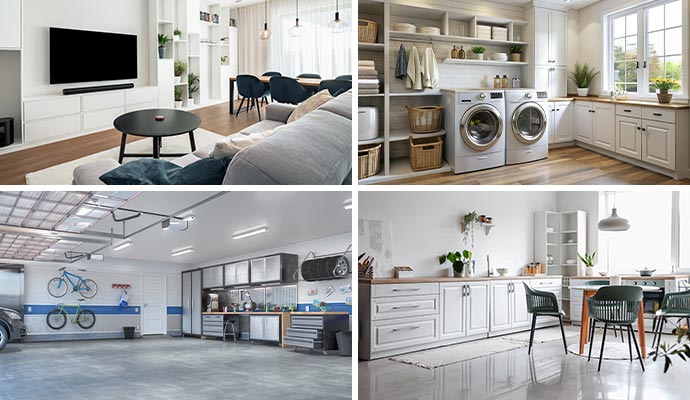 Collage of living room, laundry room, garage room and kitchen space