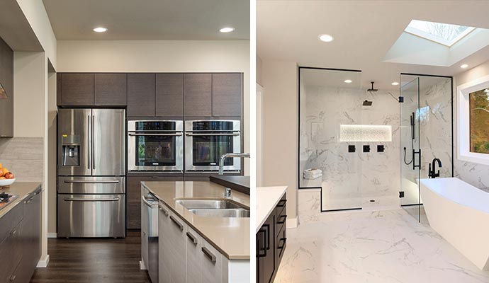 Collage of modern kitchen and bathroom