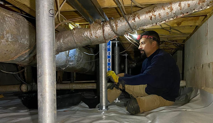 Crawl space technician leveling floor joists